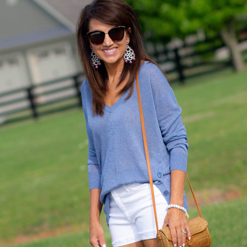 V-neck sweater with side buttons in linen blend